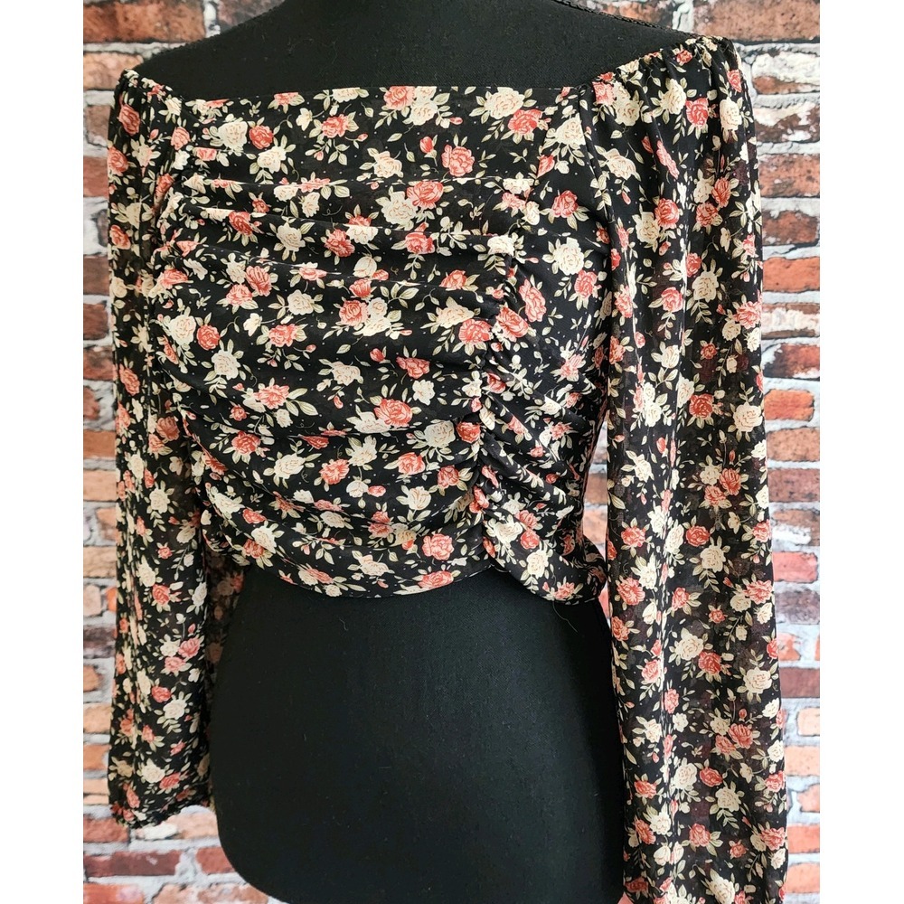 Women's M Black Pink Floral Sheer Runched Smocked Cottagecore Boho Coquette Y2k‎